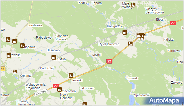 mapa Młynki gmina Czersk, Młynki gmina Czersk na mapie Targeo