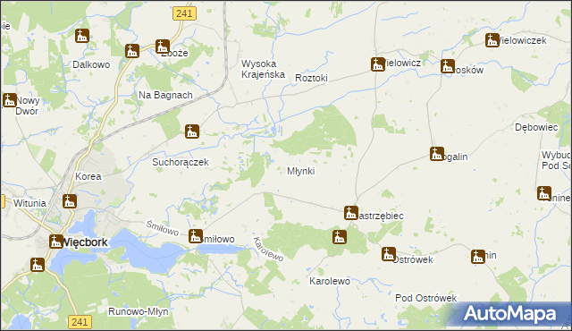 mapa Młynki gmina Więcbork, Młynki gmina Więcbork na mapie Targeo