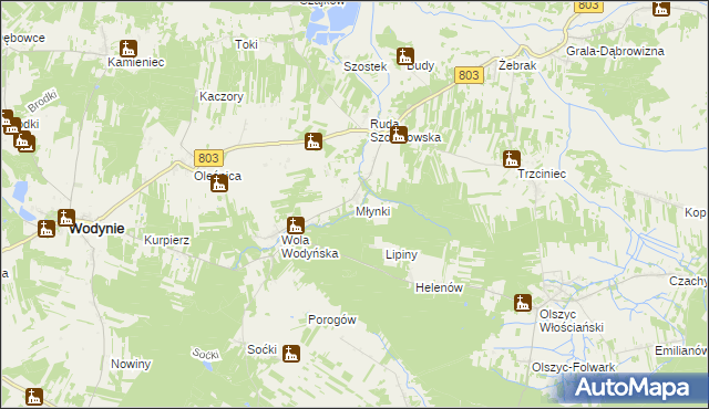 mapa Młynki gmina Wodynie, Młynki gmina Wodynie na mapie Targeo