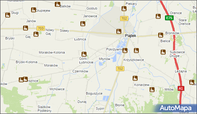 mapa Młynów gmina Piątek, Młynów gmina Piątek na mapie Targeo