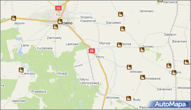 mapa Młyny gmina Strzelno, Młyny gmina Strzelno na mapie Targeo