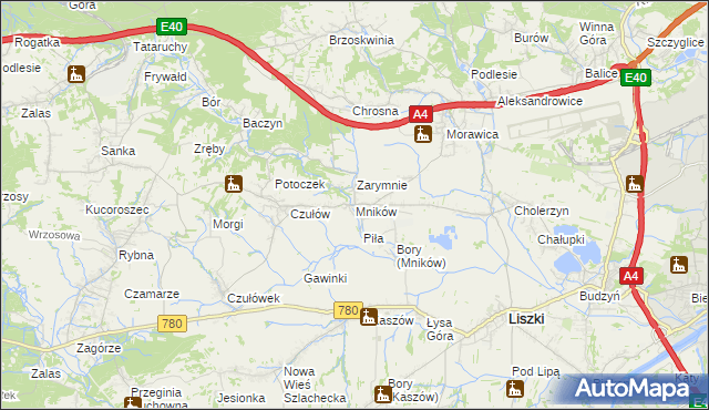 mapa Mników gmina Liszki, Mników gmina Liszki na mapie Targeo