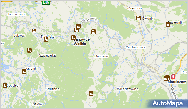 mapa Mniszków gmina Janowice Wielkie, Mniszków gmina Janowice Wielkie na mapie Targeo