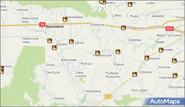 mapa Modliborzyce gmina Baćkowice, Modliborzyce gmina Baćkowice na mapie Targeo