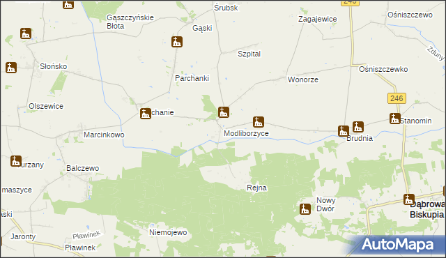 mapa Modliborzyce gmina Dąbrowa Biskupia, Modliborzyce gmina Dąbrowa Biskupia na mapie Targeo