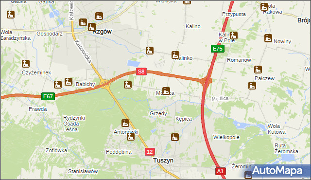 mapa Modlica gmina Tuszyn, Modlica gmina Tuszyn na mapie Targeo