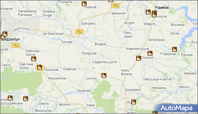 mapa Modrzewie gmina Pawłów, Modrzewie gmina Pawłów na mapie Targeo