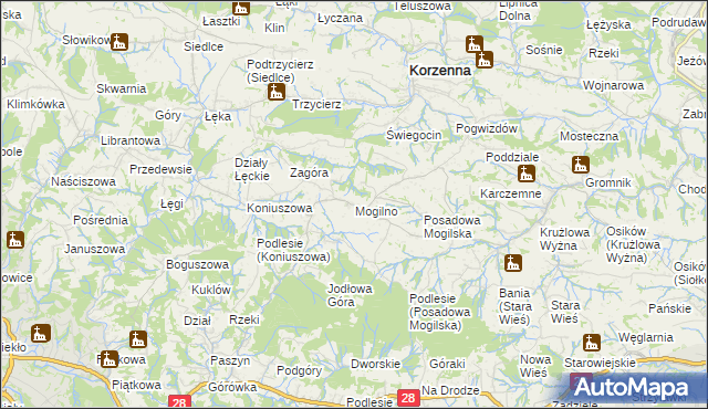 mapa Mogilno gmina Korzenna, Mogilno gmina Korzenna na mapie Targeo