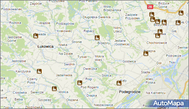 mapa Mokra Wieś gmina Podegrodzie, Mokra Wieś gmina Podegrodzie na mapie Targeo