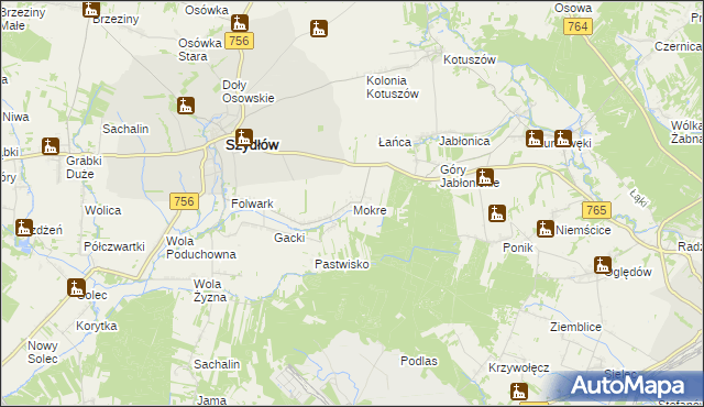 mapa Mokre gmina Szydłów, Mokre gmina Szydłów na mapie Targeo