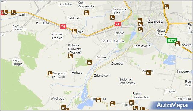 mapa Mokre gmina Zamość, Mokre gmina Zamość na mapie Targeo