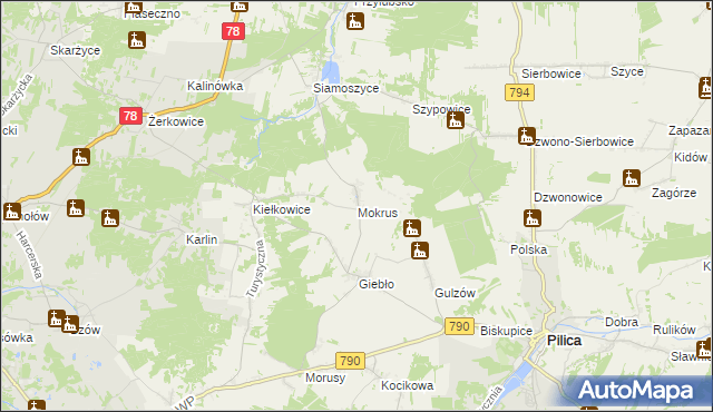 mapa Mokrus gmina Ogrodzieniec, Mokrus gmina Ogrodzieniec na mapie Targeo