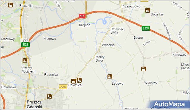 mapa Mokry Dwór gmina Pruszcz Gdański, Mokry Dwór gmina Pruszcz Gdański na mapie Targeo
