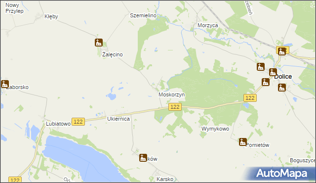 mapa Moskorzyn gmina Dolice, Moskorzyn gmina Dolice na mapie Targeo