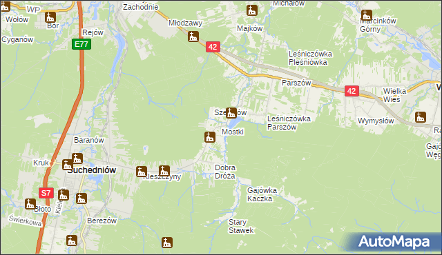 mapa Mostki gmina Suchedniów, Mostki gmina Suchedniów na mapie Targeo