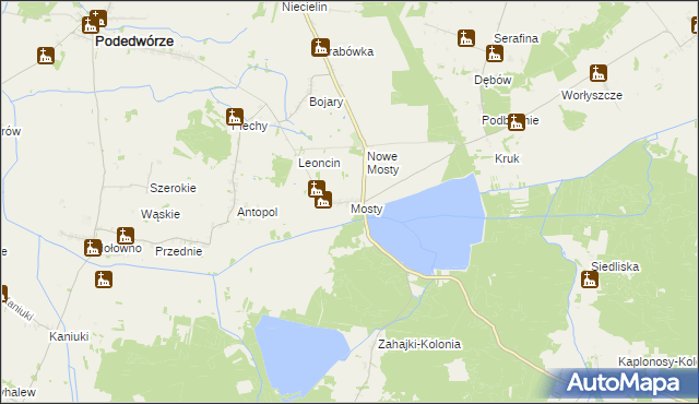 mapa Mosty gmina Podedwórze, Mosty gmina Podedwórze na mapie Targeo