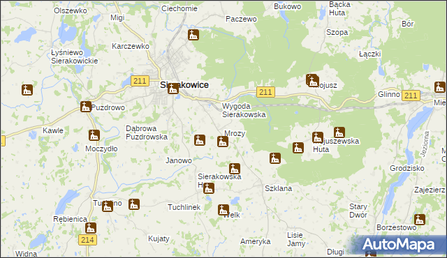 mapa Mrozy gmina Sierakowice, Mrozy gmina Sierakowice na mapie Targeo