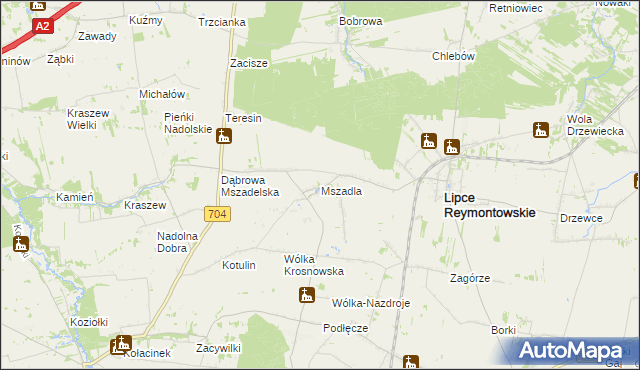 mapa Mszadla gmina Lipce Reymontowskie, Mszadla gmina Lipce Reymontowskie na mapie Targeo