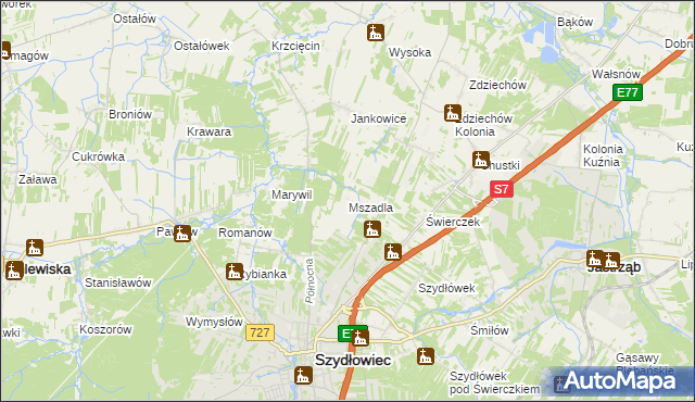 mapa Mszadla gmina Szydłowiec, Mszadla gmina Szydłowiec na mapie Targeo