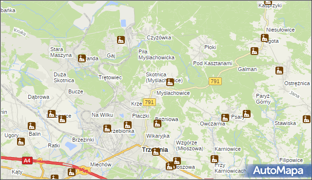 mapa Myślachowice, Myślachowice na mapie Targeo