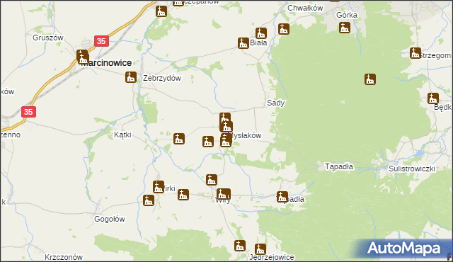 mapa Mysłaków gmina Marcinowice, Mysłaków gmina Marcinowice na mapie Targeo