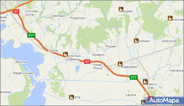 mapa Myślęcin gmina Elbląg, Myślęcin gmina Elbląg na mapie Targeo