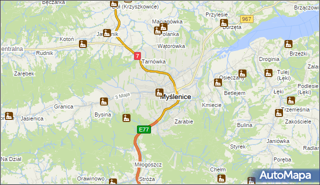 mapa Myślenice, Myślenice na mapie Targeo