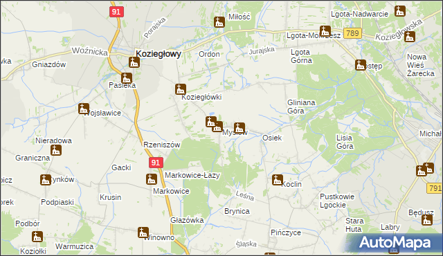 mapa Mysłów gmina Koziegłowy, Mysłów gmina Koziegłowy na mapie Targeo