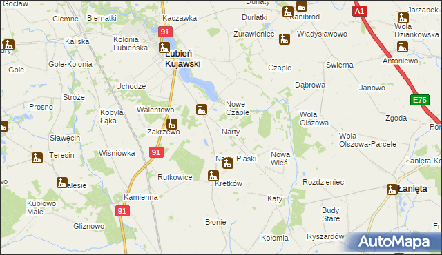 mapa Narty gmina Lubień Kujawski, Narty gmina Lubień Kujawski na mapie Targeo