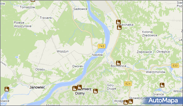 mapa Nasiłów gmina Janowiec, Nasiłów gmina Janowiec na mapie Targeo