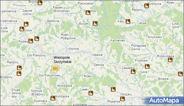 mapa Nawsie gmina Wielopole Skrzyńskie, Nawsie gmina Wielopole Skrzyńskie na mapie Targeo