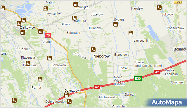 mapa Nieborów powiat łowicki, Nieborów powiat łowicki na mapie Targeo