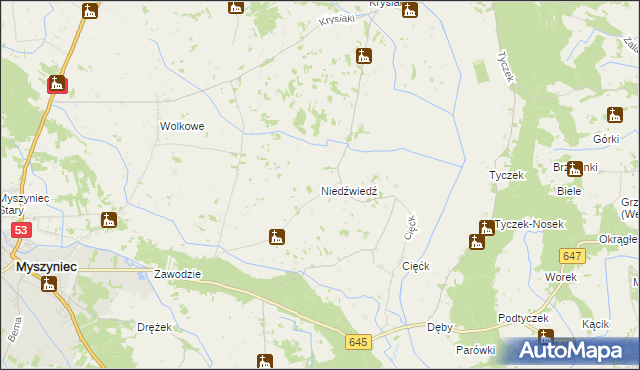 mapa Niedźwiedź gmina Myszyniec, Niedźwiedź gmina Myszyniec na mapie Targeo