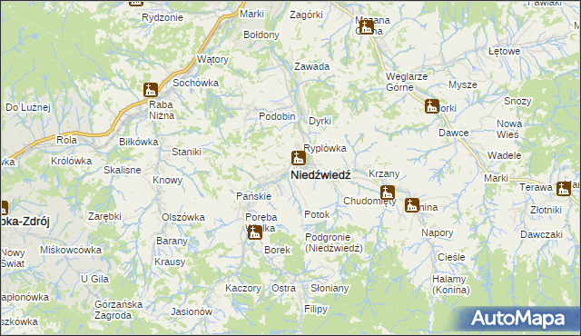 mapa Niedźwiedź powiat limanowski, Niedźwiedź powiat limanowski na mapie Targeo