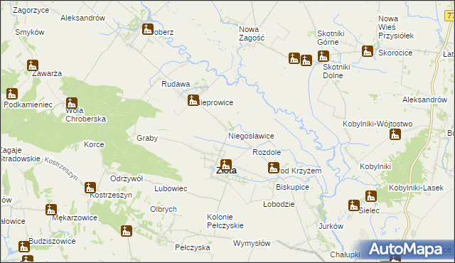 mapa Niegosławice gmina Złota, Niegosławice gmina Złota na mapie Targeo