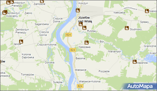 mapa Nieszawa gmina Józefów nad Wisłą, Nieszawa gmina Józefów nad Wisłą na mapie Targeo