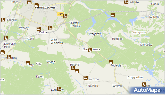 mapa Nieznanowice gmina Włoszczowa, Nieznanowice gmina Włoszczowa na mapie Targeo