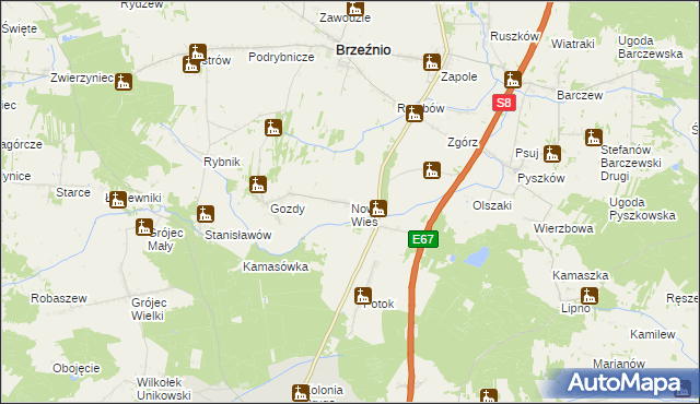 mapa Nowa Wieś gmina Brzeźnio, Nowa Wieś gmina Brzeźnio na mapie Targeo