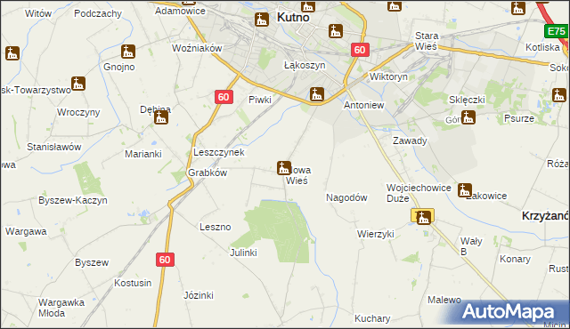 mapa Nowa Wieś gmina Kutno, Nowa Wieś gmina Kutno na mapie Targeo