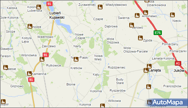 mapa Nowa Wieś gmina Lubień Kujawski, Nowa Wieś gmina Lubień Kujawski na mapie Targeo