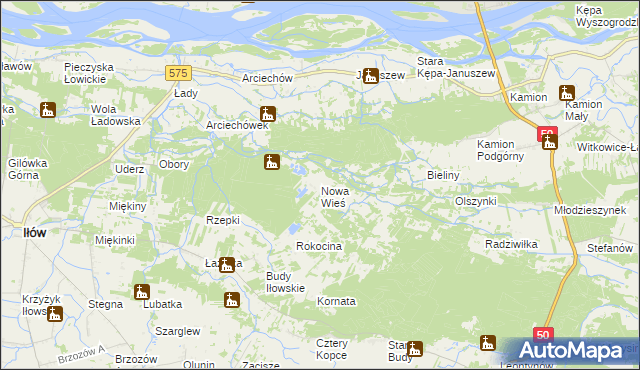 mapa Nowa Wieś gmina Młodzieszyn, Nowa Wieś gmina Młodzieszyn na mapie Targeo