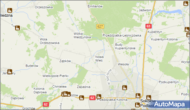 mapa Nowa Wieś gmina Sokołów Podlaski, Nowa Wieś gmina Sokołów Podlaski na mapie Targeo