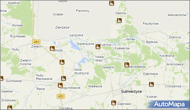 mapa Nowa Wieś gmina Sulmierzyce, Nowa Wieś gmina Sulmierzyce na mapie Targeo