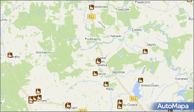 mapa Nowa Wieś Wielka gmina Lidzbark Warmiński, Nowa Wieś Wielka gmina Lidzbark Warmiński na mapie Targeo