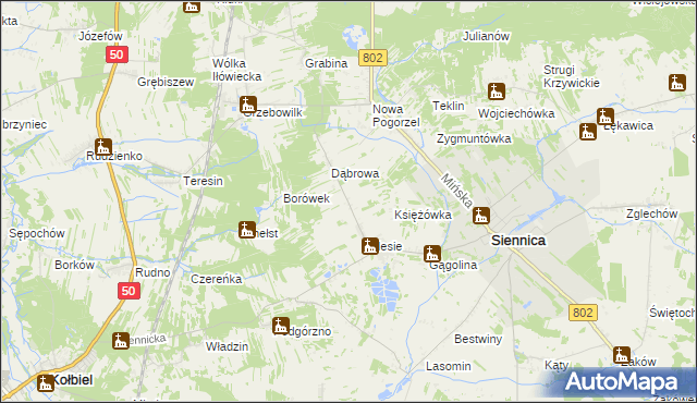 mapa Nowe Zalesie gmina Siennica, Nowe Zalesie gmina Siennica na mapie Targeo