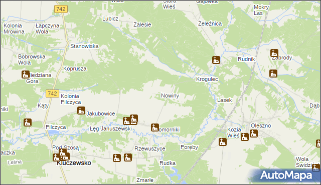 mapa Nowiny gmina Kluczewsko, Nowiny gmina Kluczewsko na mapie Targeo