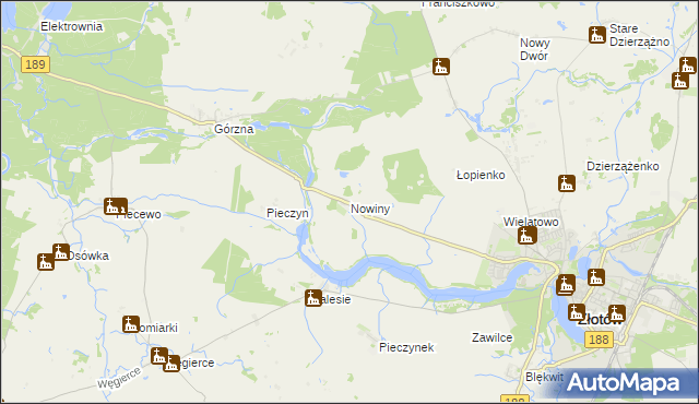 mapa Nowiny gmina Złotów, Nowiny gmina Złotów na mapie Targeo