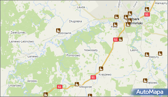 mapa Nowosady gmina Lidzbark Warmiński, Nowosady gmina Lidzbark Warmiński na mapie Targeo