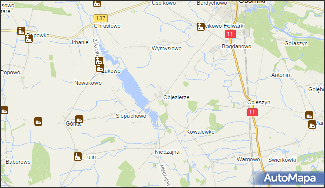 mapa Objezierze gmina Oborniki, Objezierze gmina Oborniki na mapie Targeo