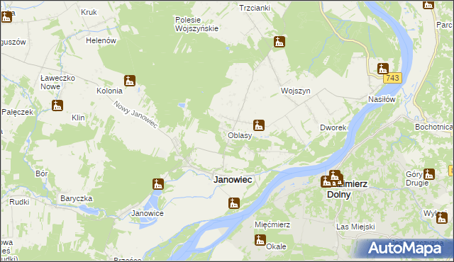 mapa Oblasy gmina Janowiec, Oblasy gmina Janowiec na mapie Targeo